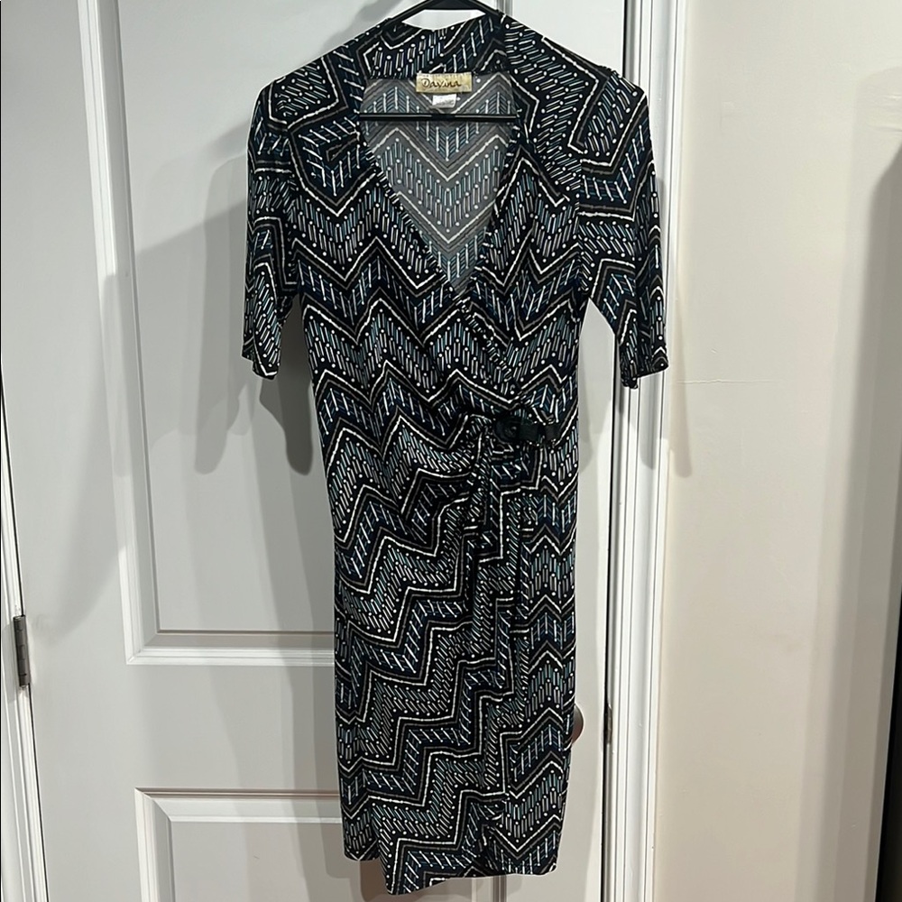 Elegant Black and White Knee Length Sheath Dress with Wrap and Tie Front